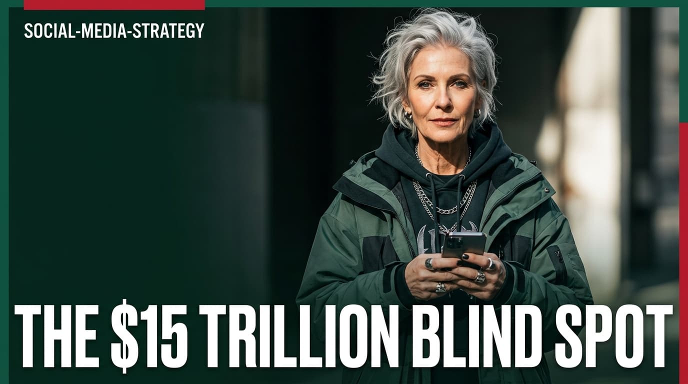 A stylish older woman with silver hair representing the modern 'grandfluencer' demographic.
