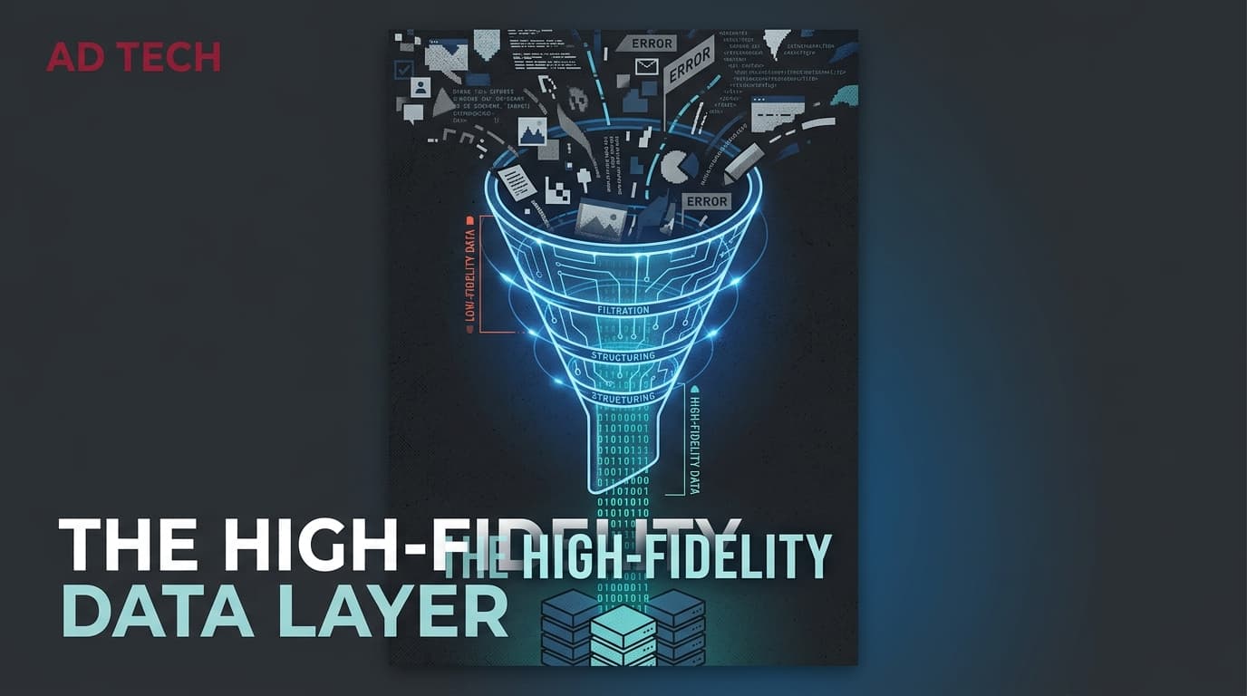 A conceptual illustration of a data funnel transforming messy signals into structured high-fidelity ad data.