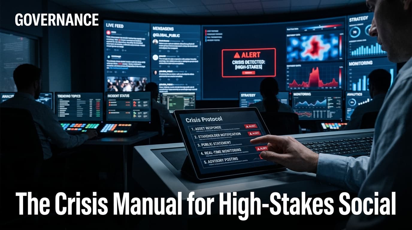 A high-tech digital operations center representing social media crisis management for government agencies.