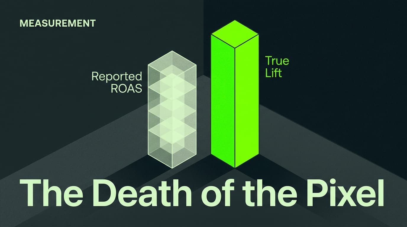 A conceptual illustration comparing transparent reported ROAS metrics with solid true lift metrics.
