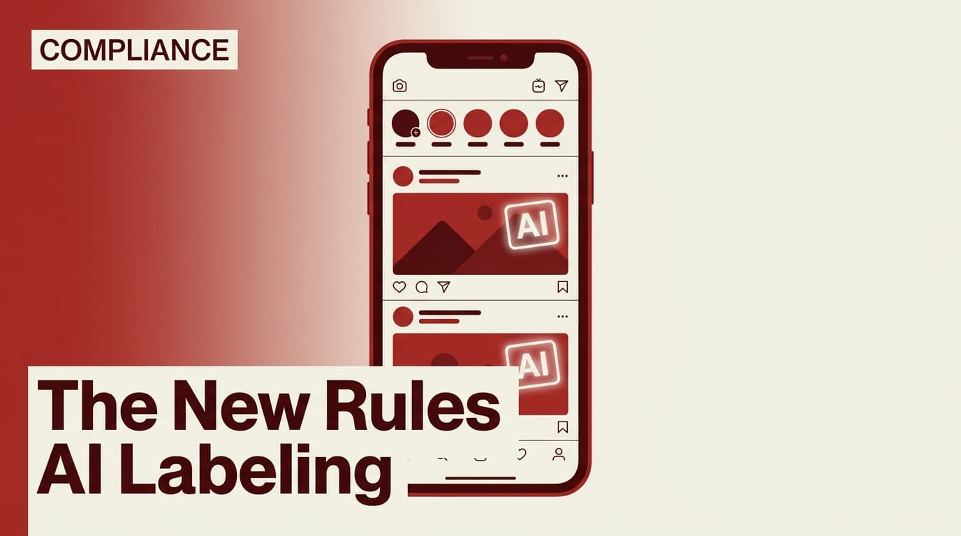 A stylized magazine cover illustrating the concept of AI content labeling on social media platforms.