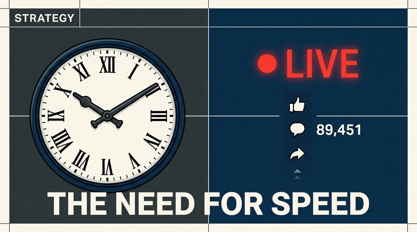 Conceptual illustration showing the shift from traditional time-based marketing to real-time social execution.