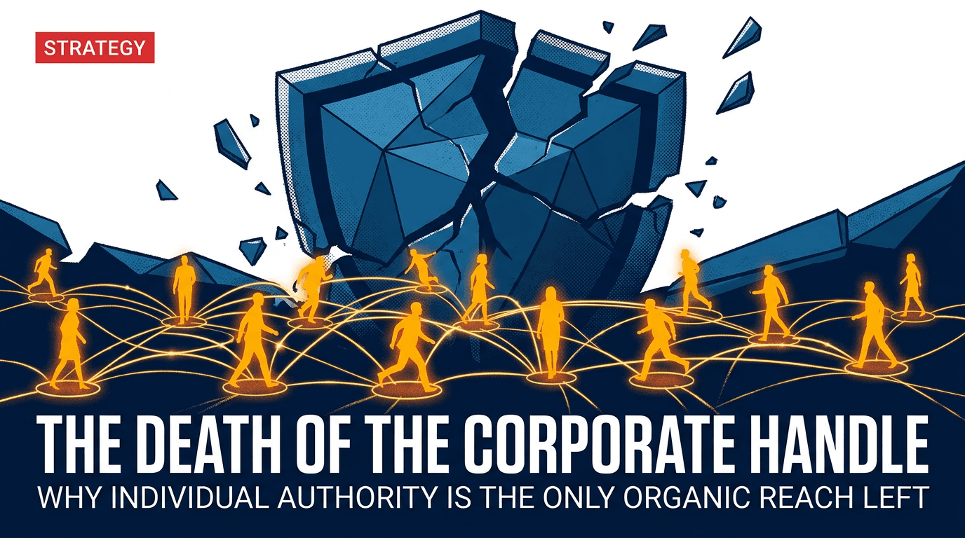 An editorial illustration showing a crumbling corporate shield being replaced by glowing human figures, symbolizing the shift from brand to personal authority.
