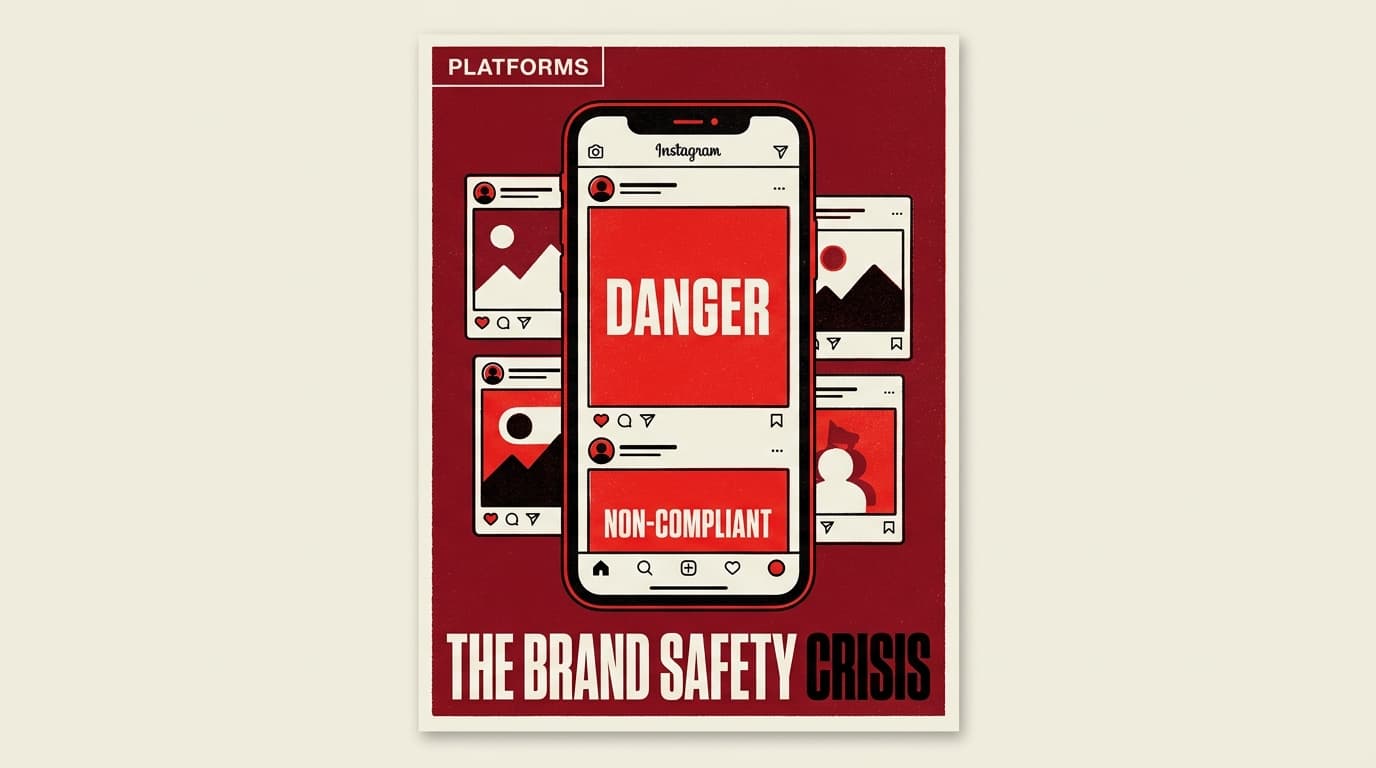 A stylized smartphone showing content warnings on a social feed, illustrating brand safety risks.