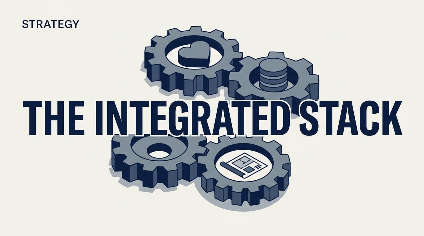 An editorial illustration showing social media, CRM, and product development working together as a single machine.