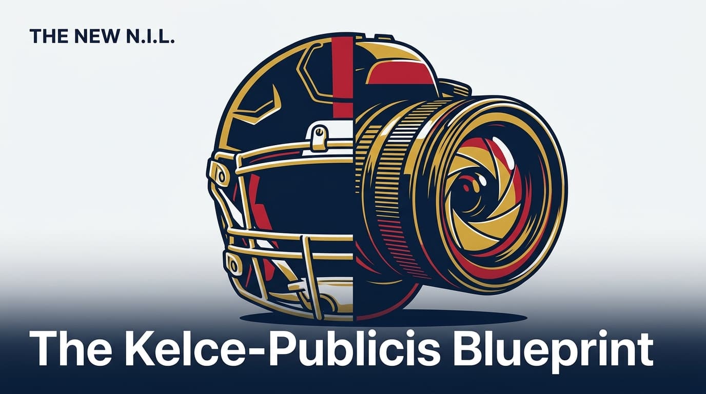 Editorial illustration showing a football helmet and camera lens merging to symbolize the union of sports and content creation.