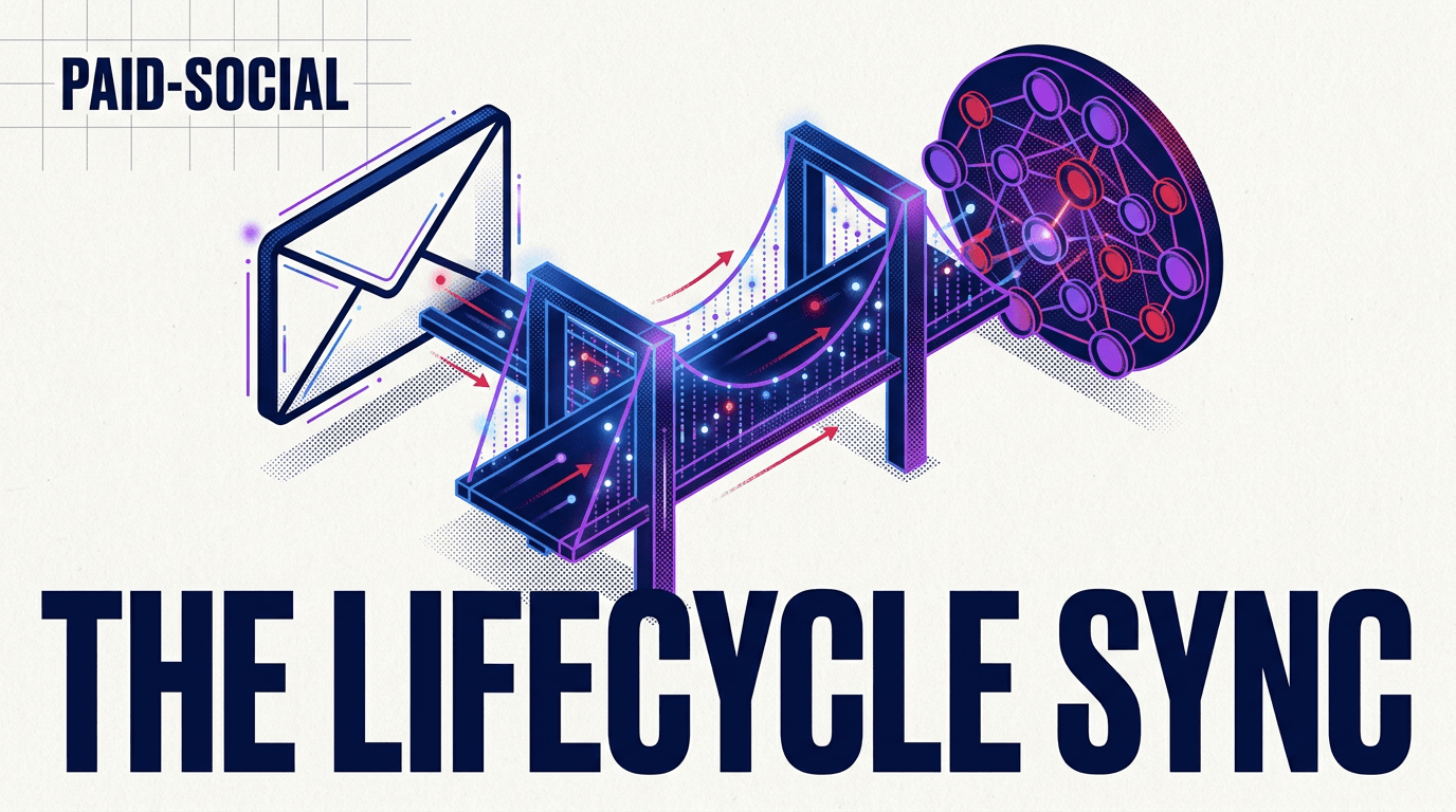 A conceptual 3D illustration showing the connection between email marketing and social media advertising platforms.