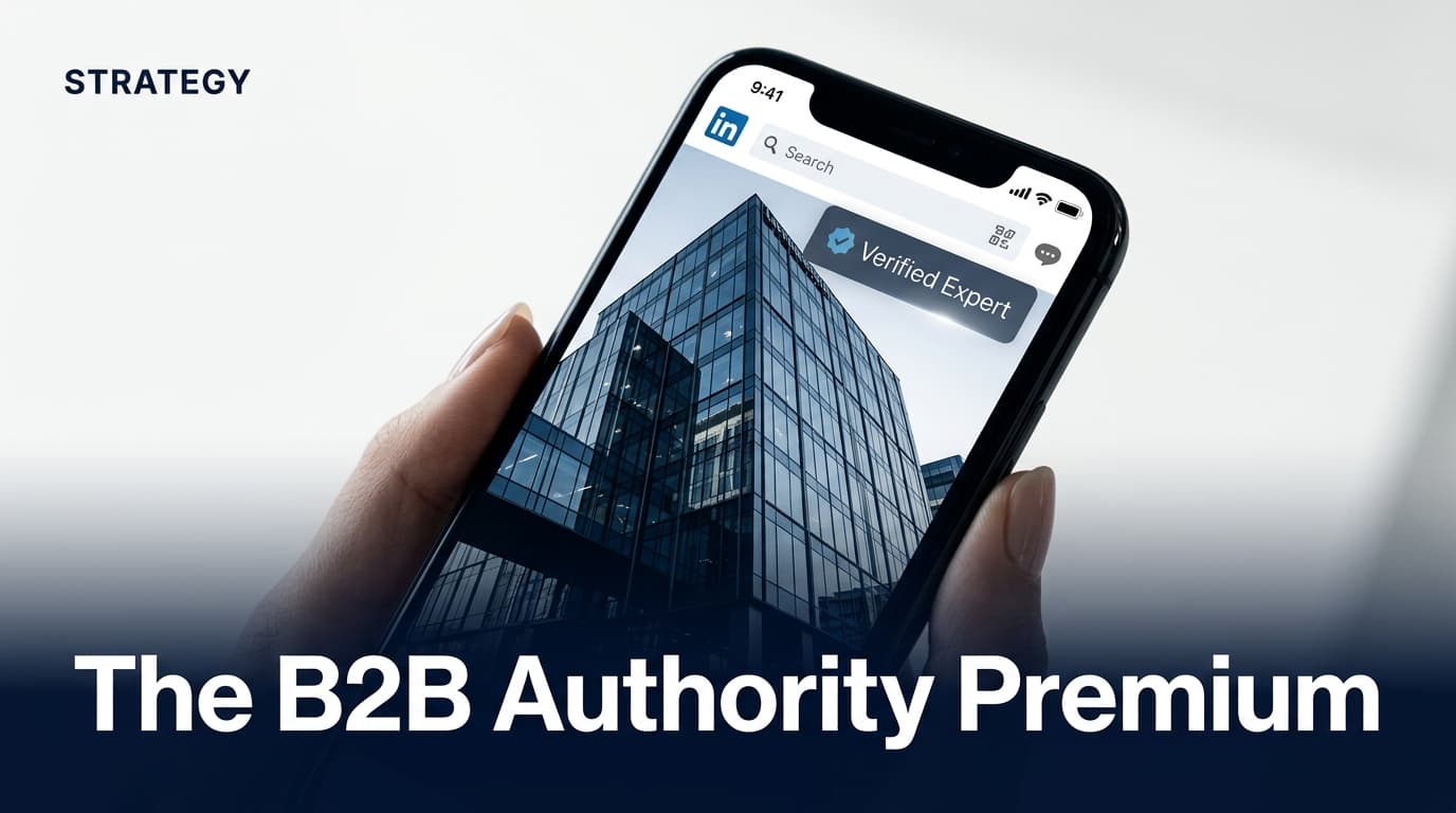 A professional editorial illustration showing a smartphone with a LinkedIn profile badge, titled The B2B Authority Premium.