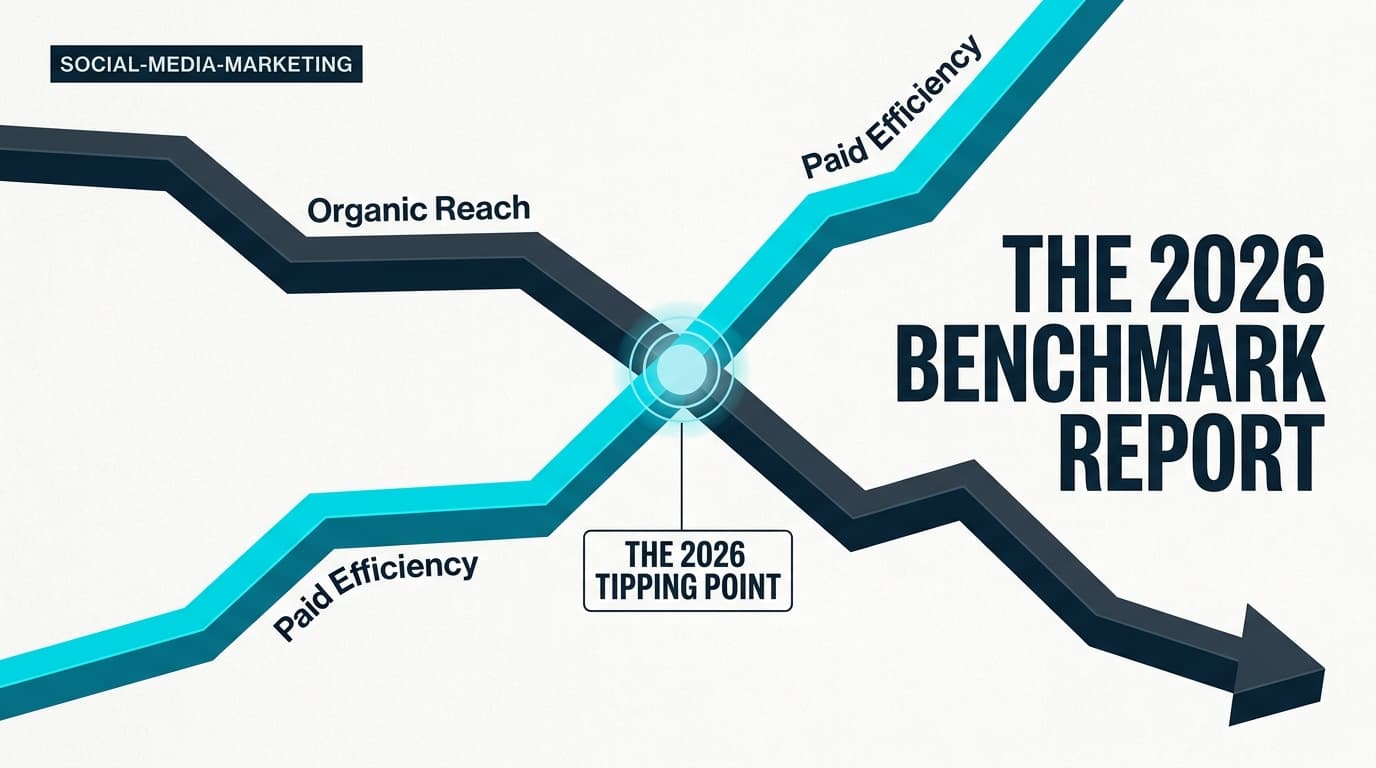 A 3D line graph showing the decline of LinkedIn organic reach and the rise of paid ad efficiency in 2026.