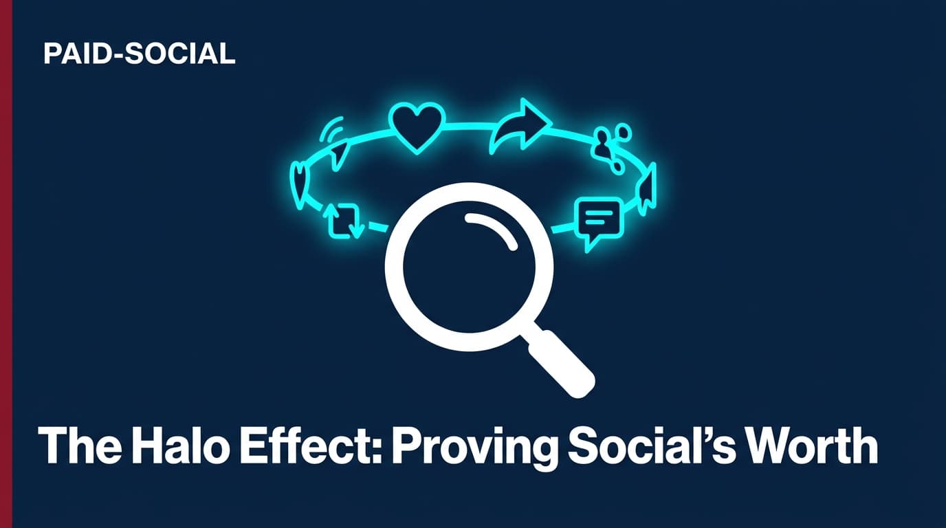 A conceptual illustration showing social media engagement signals forming a halo over a search engine icon.