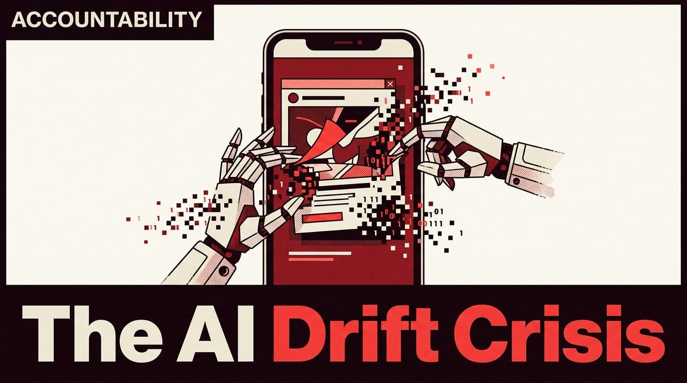 A conceptual illustration of a smartphone screen showing an ad being manipulated by robotic hands, representing AI drift.