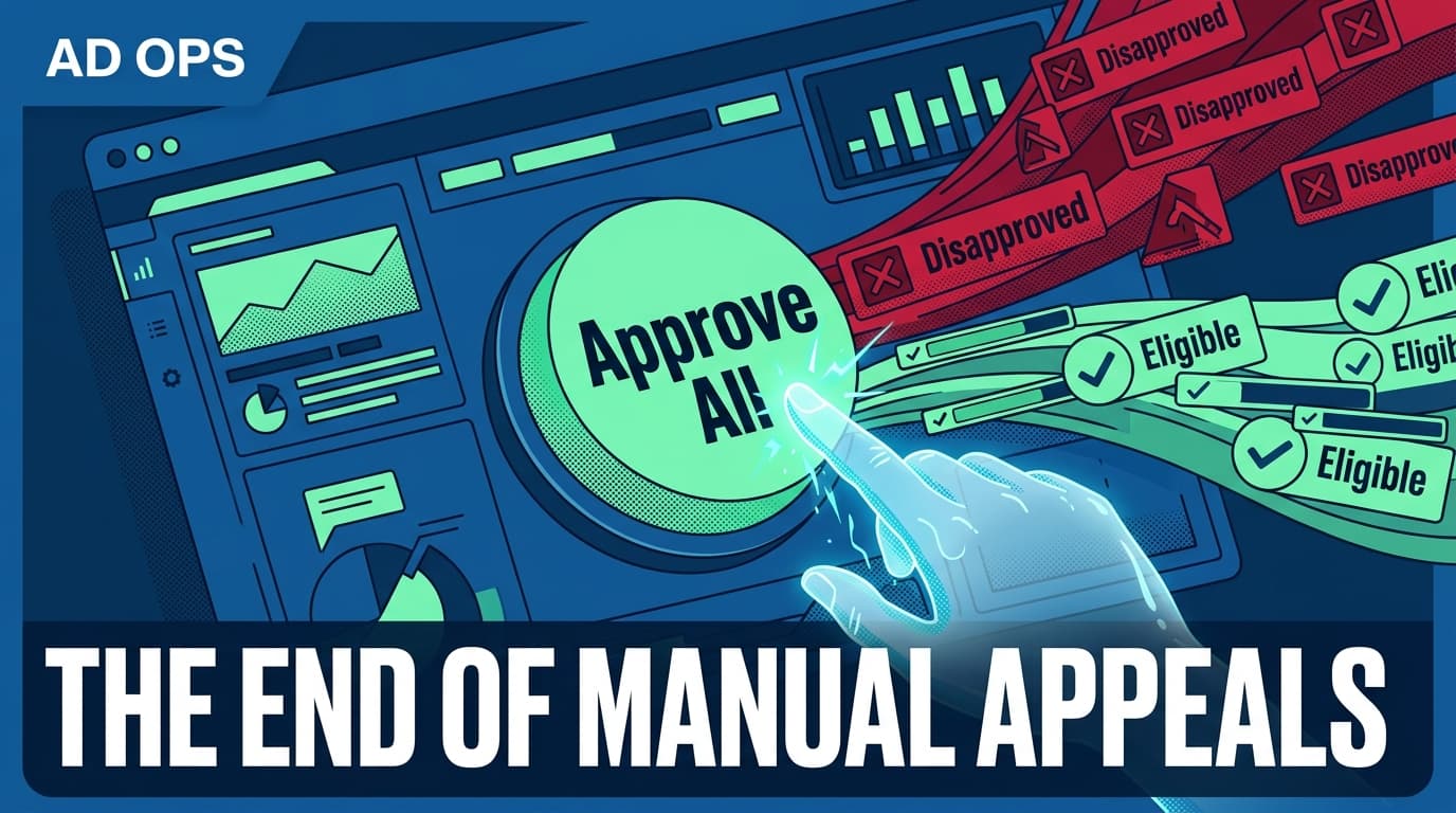 A conceptual illustration of a digital dashboard showing ad policy status changes from disapproved to eligible.