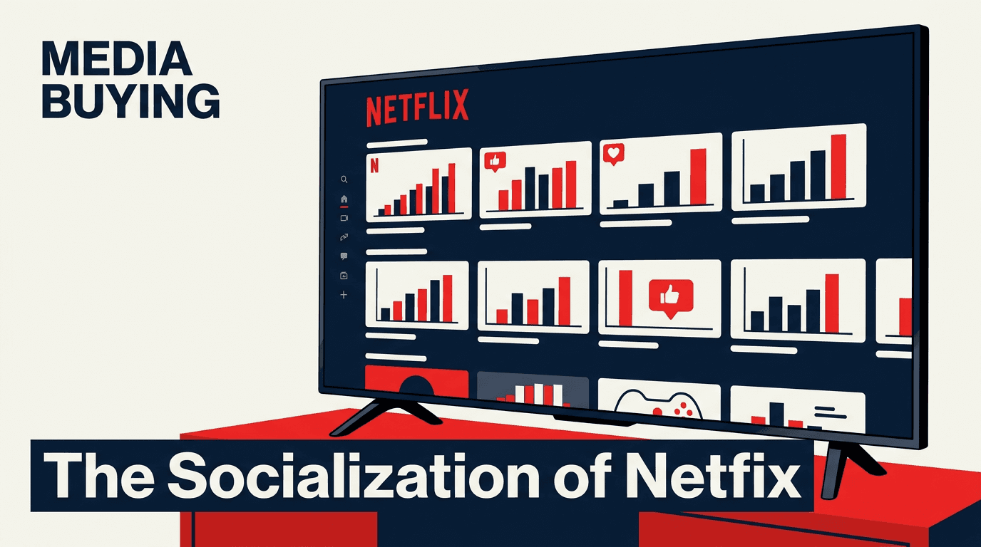 A stylized TV screen showing a mix of streaming content and social media metrics, symbolizing the convergence of OTT and social video.