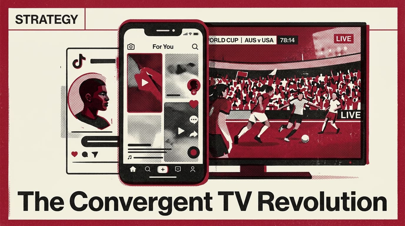 A conceptual illustration showing the intersection of a smartphone social feed and a large television screen displaying a sports match.