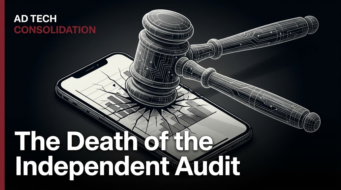A digital gavel striking a smartphone, symbolizing the consolidation of ad measurement power.