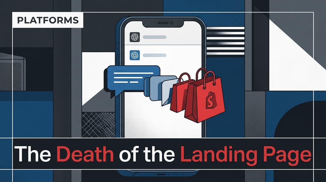 A conceptual illustration showing a smartphone screen where a chat conversation turns into a retail transaction, symbolizing the shift to agentic AI marketing.