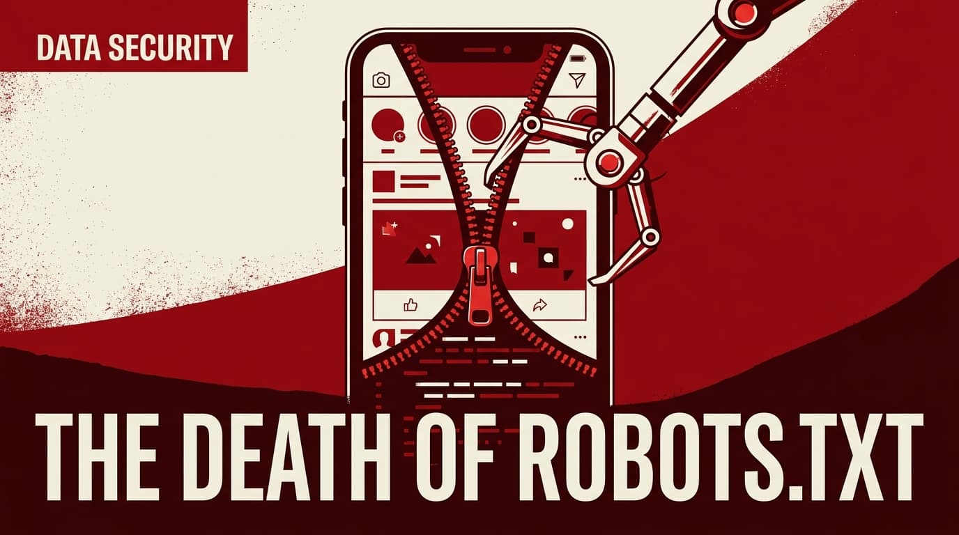 A conceptual illustration showing a social media feed being accessed by a robotic claw, symbolizing AI data scraping.