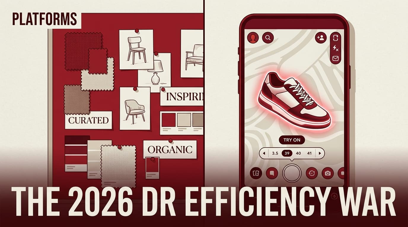 A split-screen illustration comparing the visual planning nature of Pinterest with the augmented reality impulse nature of Snapchat.
