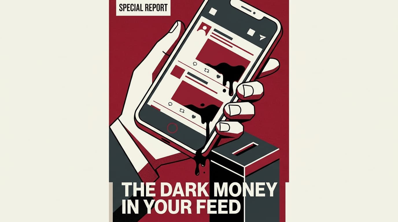 Editorial illustration showing dark money influencing social media feeds.