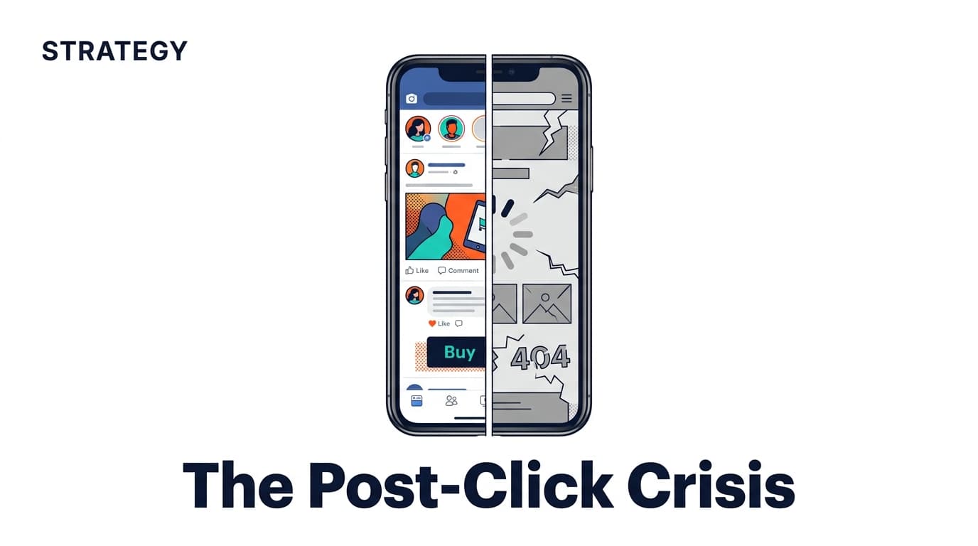 A smartphone screen split between a vibrant social media ad and a slow-loading, broken website, illustrating the post-click gap.