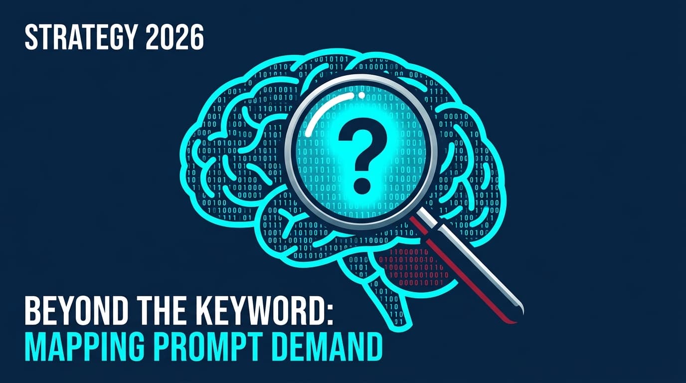 Editorial illustration showing a digital brain and a magnifying glass, representing the shift from search keywords to AI prompt research.