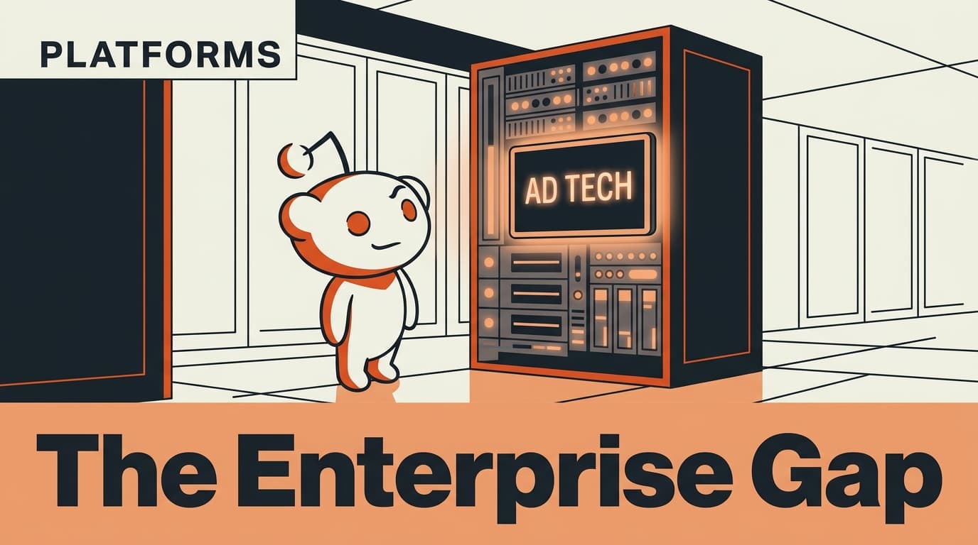 A stylized Reddit mascot standing next to professional ad-tech infrastructure, symbolizing the bridge between community and enterprise advertising.
