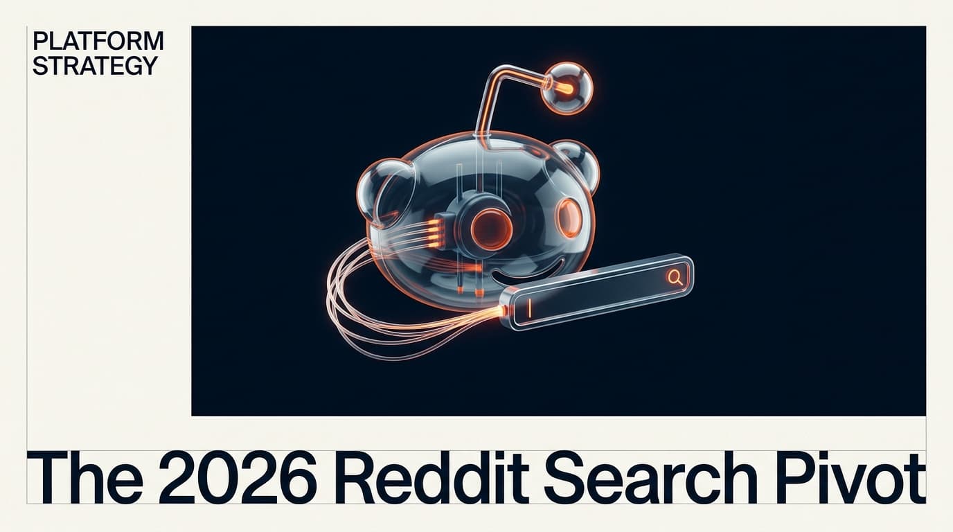 A futuristic editorial illustration showing the connection between Reddit and modern search technology.