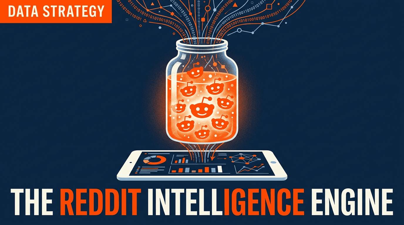 A conceptual illustration showing Reddit data being captured and transformed into digital insights on a tablet.