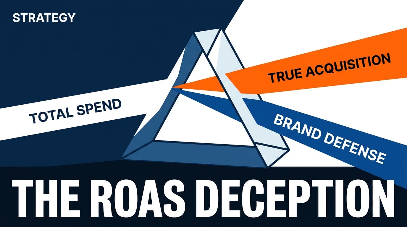A conceptual illustration of splitting social media ad spend into brand and acquisition categories using a prism metaphor.
