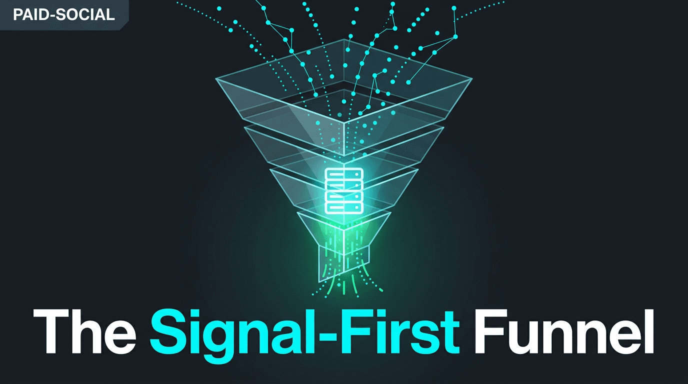 A conceptual illustration of a digital marketing funnel with data signals being captured by a server.