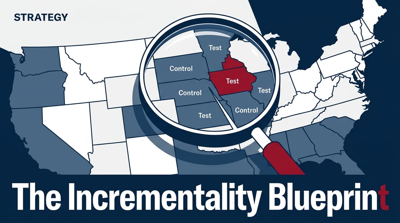 Editorial illustration of a US map divided into testing regions for marketing incrementality.