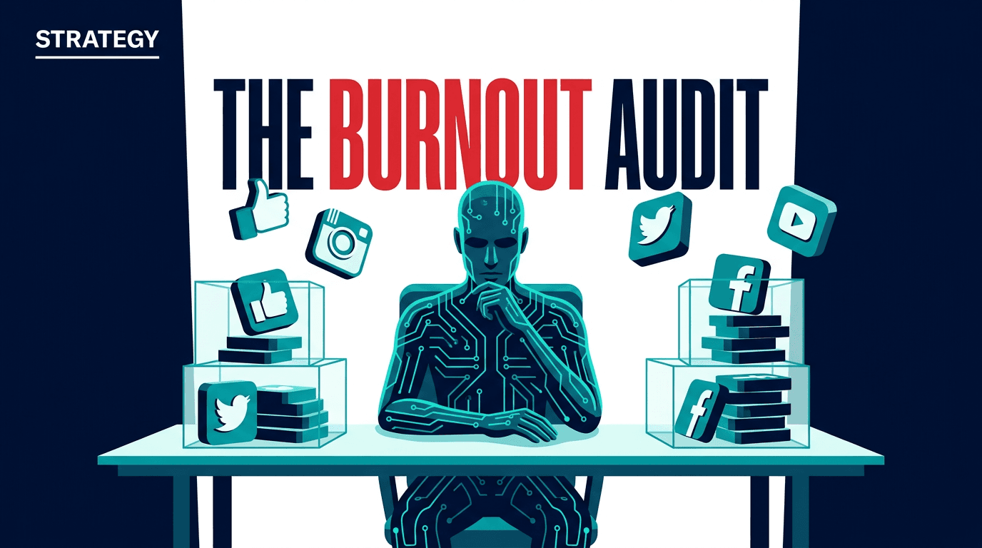 Editorial illustration showing a social media manager using automation to organize their digital workspace.