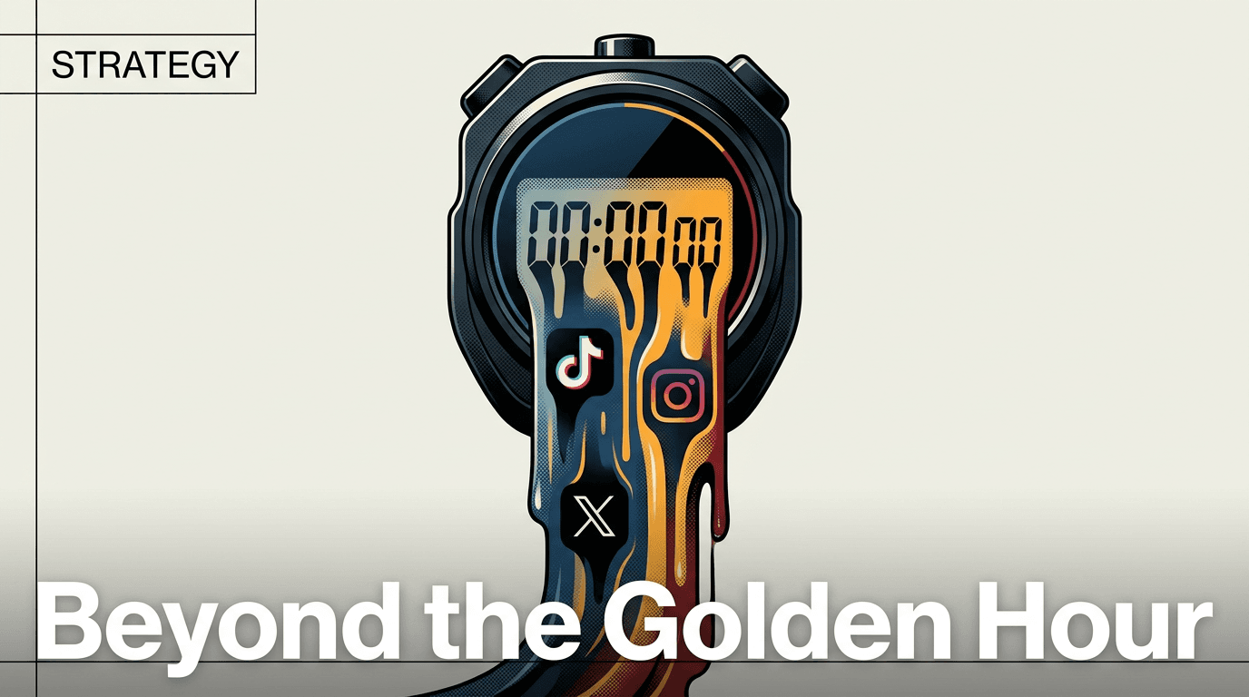 A melting digital stopwatch transforming into social media icons, symbolizing the shrinking window for crisis response.