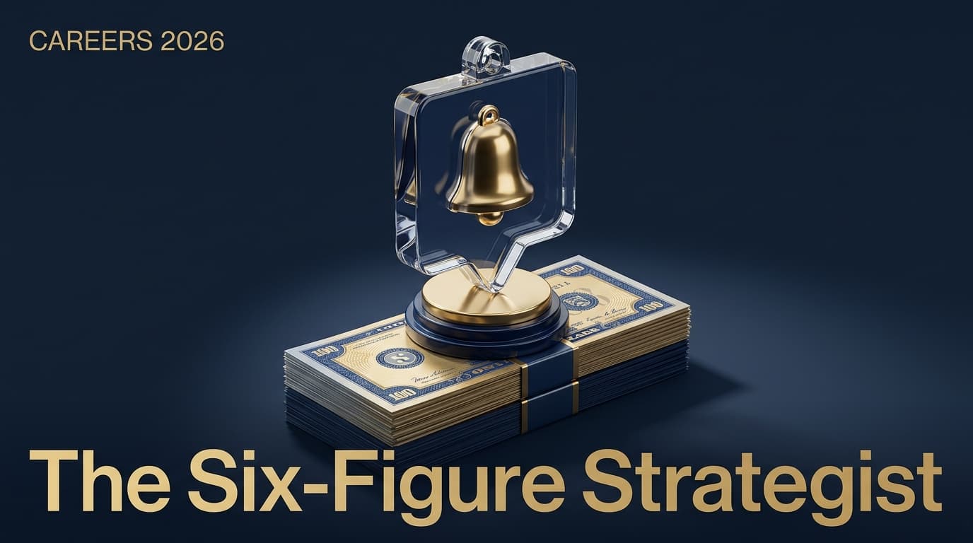 A conceptual magazine cover showing a social media notification bell on a stack of money, titled The Six-Figure Strategist.
