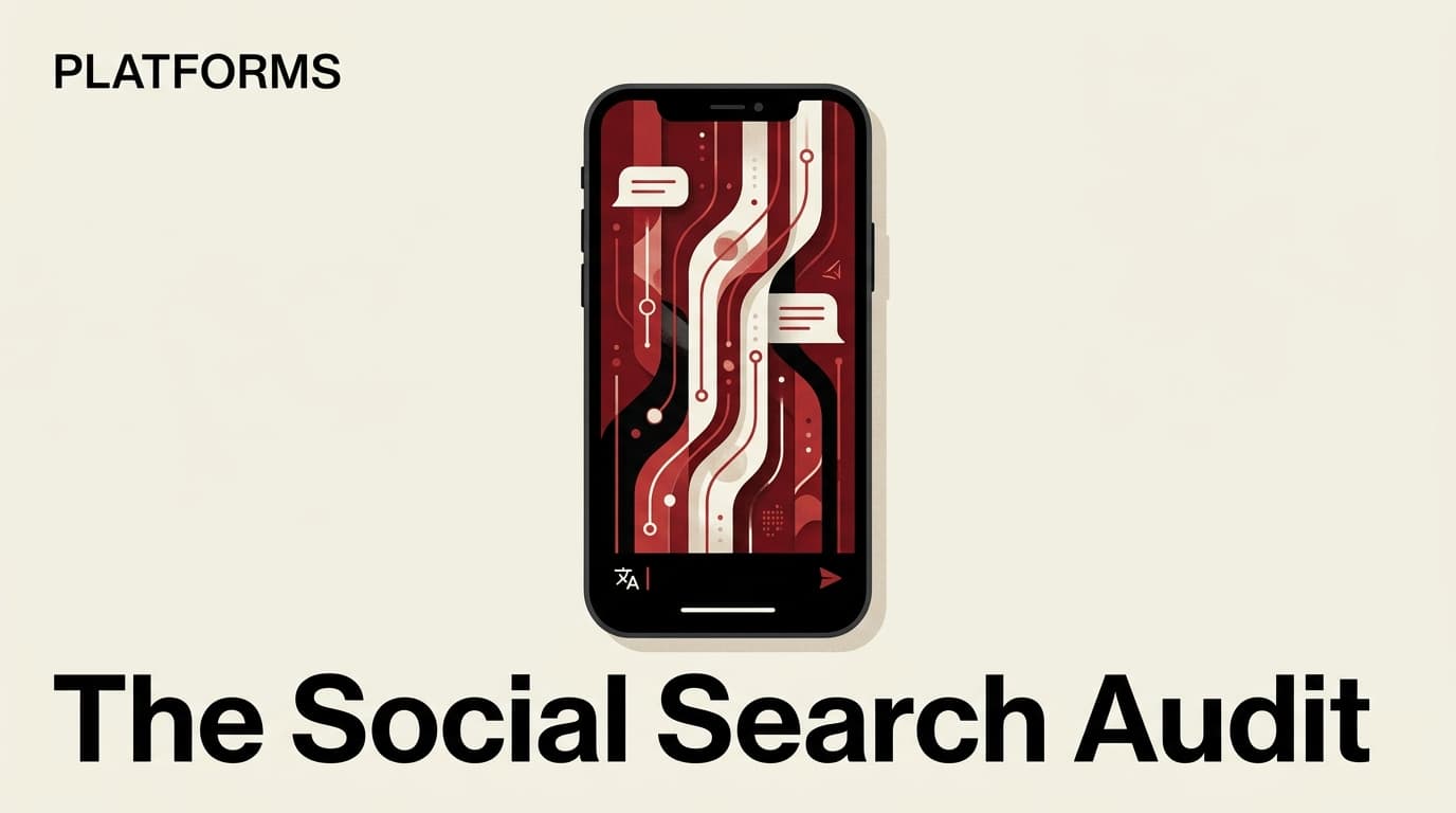 A conceptual illustration of a smartphone displaying an AI search interface with the headline 'The Social Search Audit'.