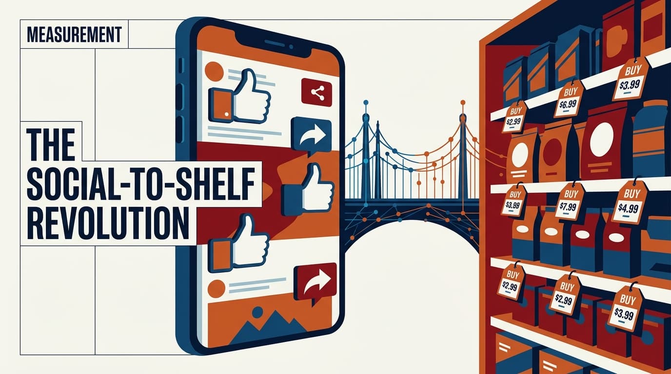A conceptual illustration showing the connection between a digital social media feed and a physical retail store shelf.