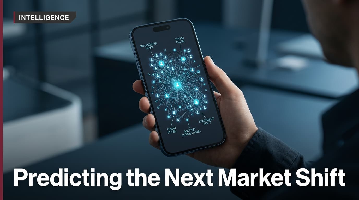 A conceptual magazine cover showing social media data as a glowing constellation on a smartphone screen.