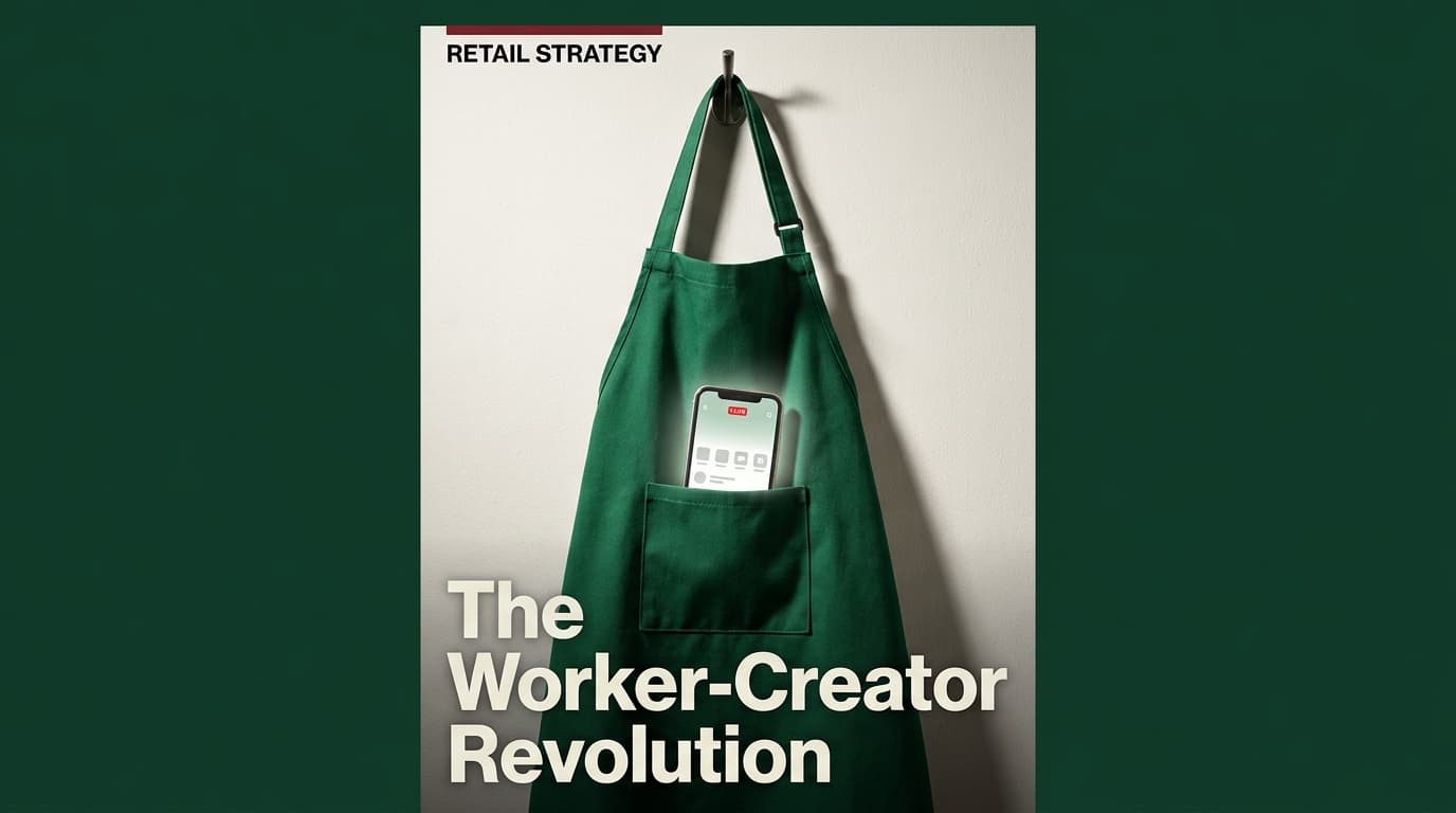 A green barista apron with a smartphone in the pocket, symbolizing the rise of employee creators.