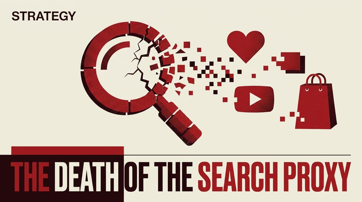 A conceptual illustration showing a magnifying glass shattering into social media and commerce icons, representing the shift from search to social discovery.