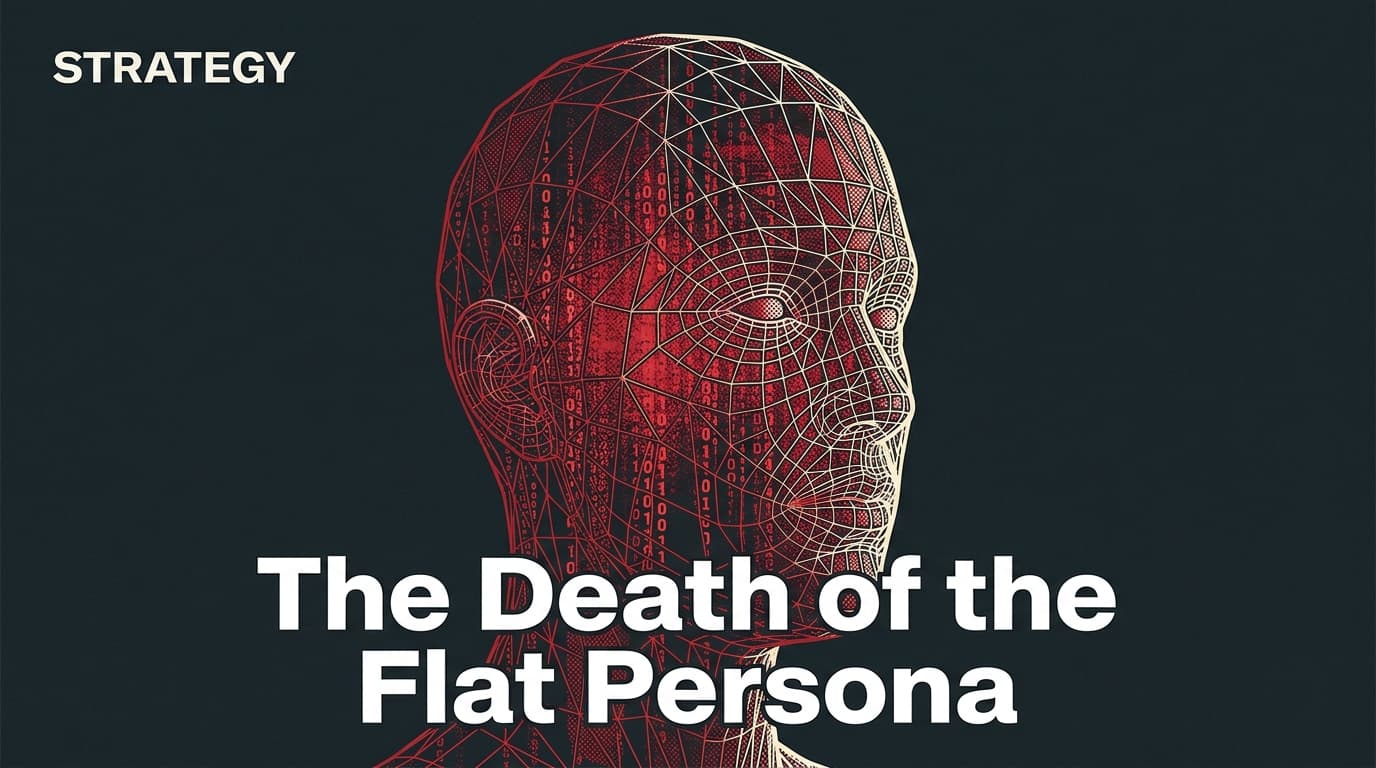 A digital representation of a synthetic persona shown as a wireframe head filled with code.