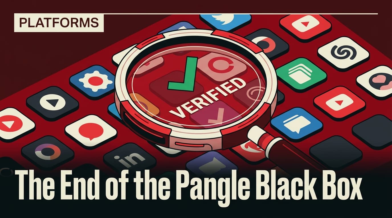 A conceptual illustration showing a magnifying glass verifying mobile app icons, representing the new DoubleVerify oversight on TikTok's Pangle network.
