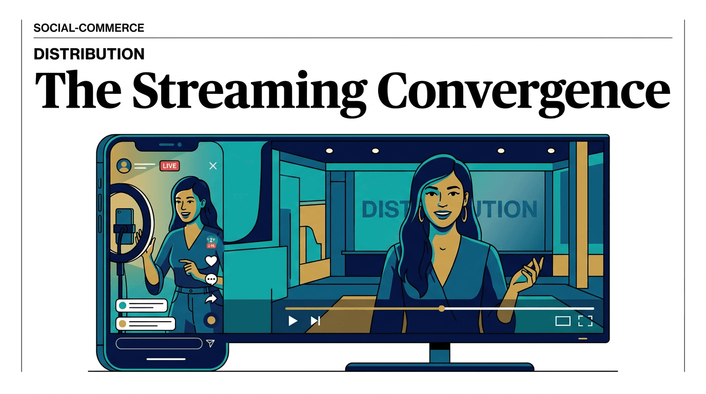 A split-screen illustration showing a vertical smartphone video feed merging into a horizontal connected TV screen, representing the social-to-streaming convergence.
