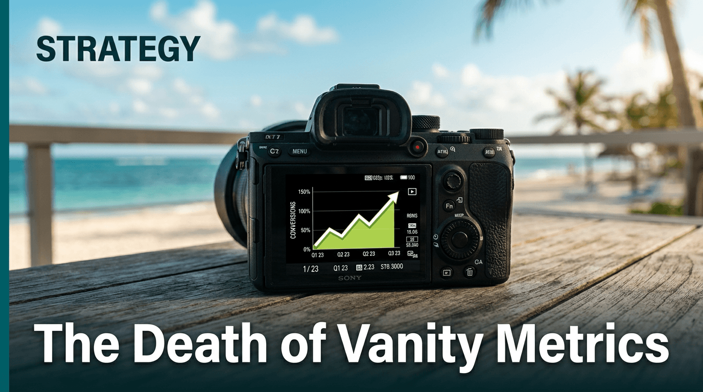 A professional camera on a beach table showing a conversion graph on its screen.