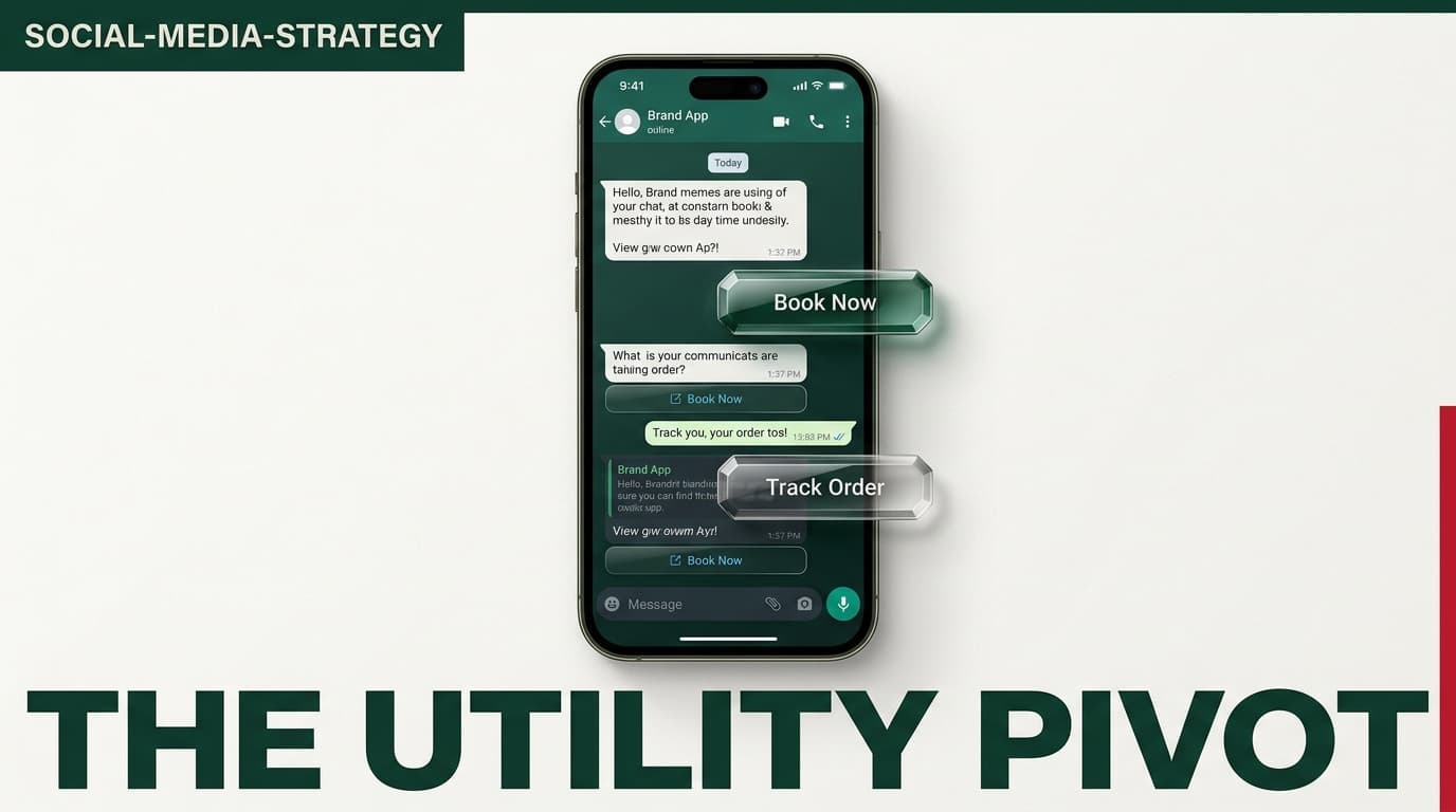 A smartphone showing a WhatsApp interface with functional business buttons, styled as a modern magazine cover.