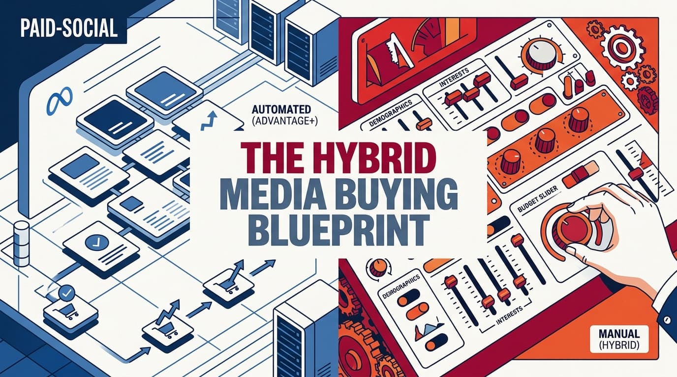 A stylized illustration of Meta Ads Manager split between automated and manual targeting controls, titled 'The Hybrid Media Buying Blueprint'.
