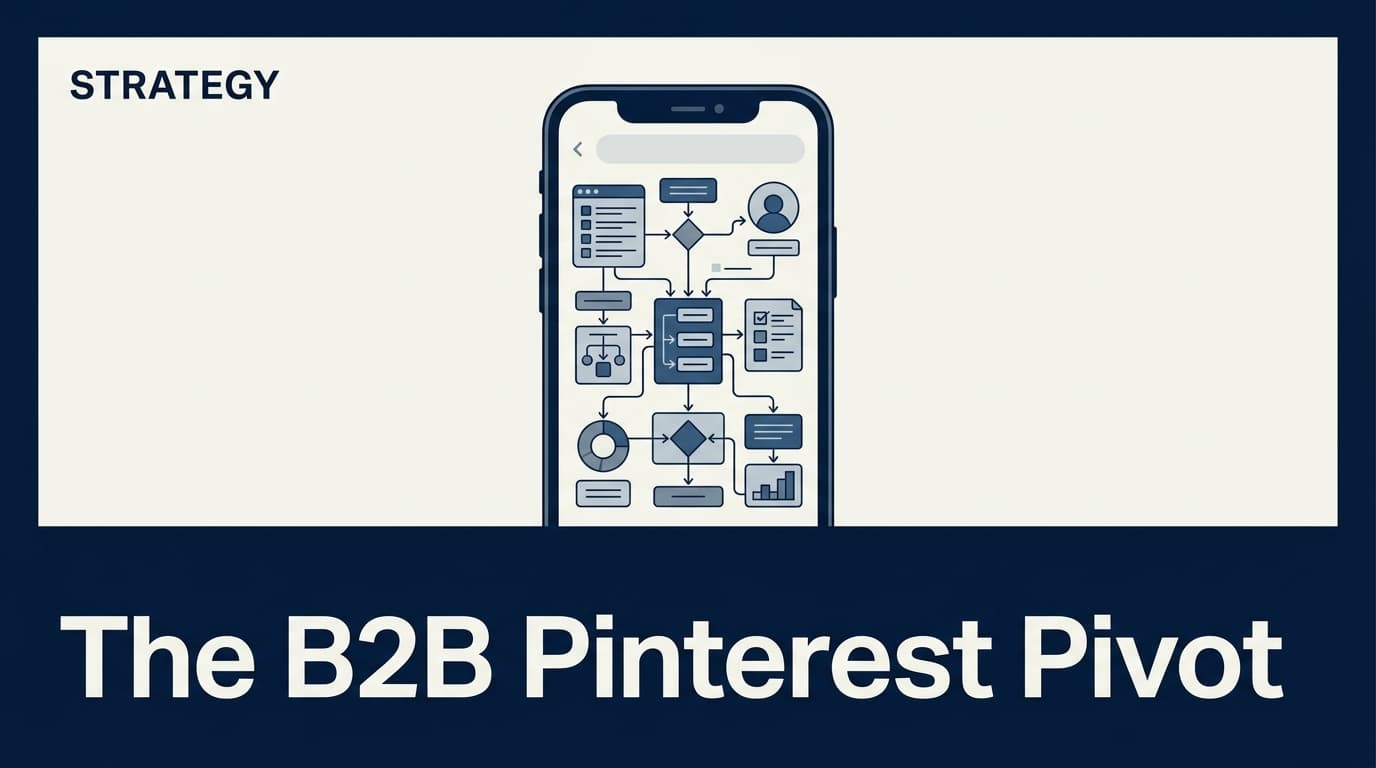 A smartphone displaying professional B2B diagrams on a Pinterest-style interface, illustrating the shift in platform utility.