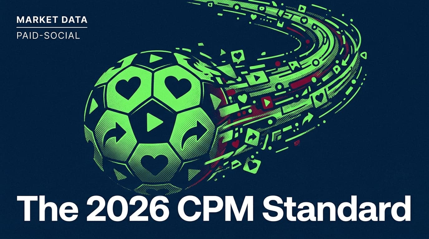 A digital soccer ball made of social media icons exploding into data points, representing the 2026 World Cup ad market.
