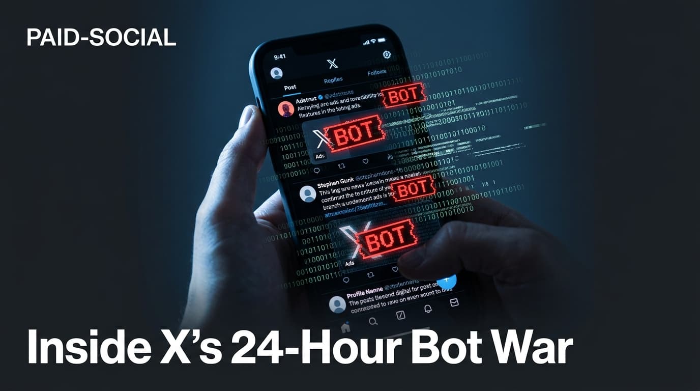 A stylized smartphone showing a social media feed being taken over by digital code and bot labels, representing the technical battle against AI spam.