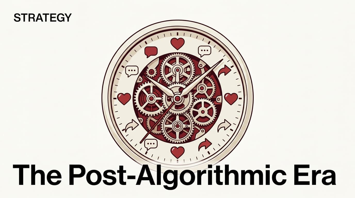 An editorial illustration of a clock representing chronological social media, with the headline 'The Post-Algorithmic Era'.