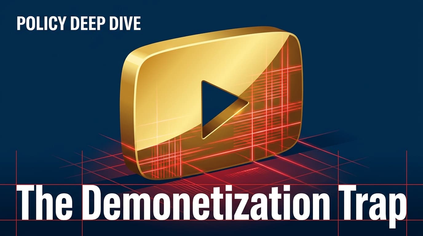 A golden YouTube play button being scanned by a red digital laser, representing a policy audit.